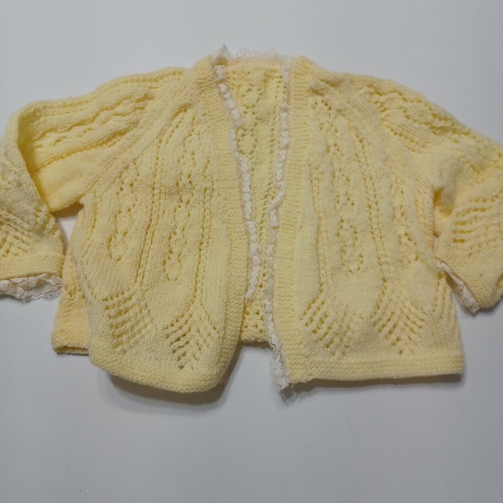 Girls 6 Months Cardigan Yellow White Long Sleeve Open Front Scallop Hem Handmade